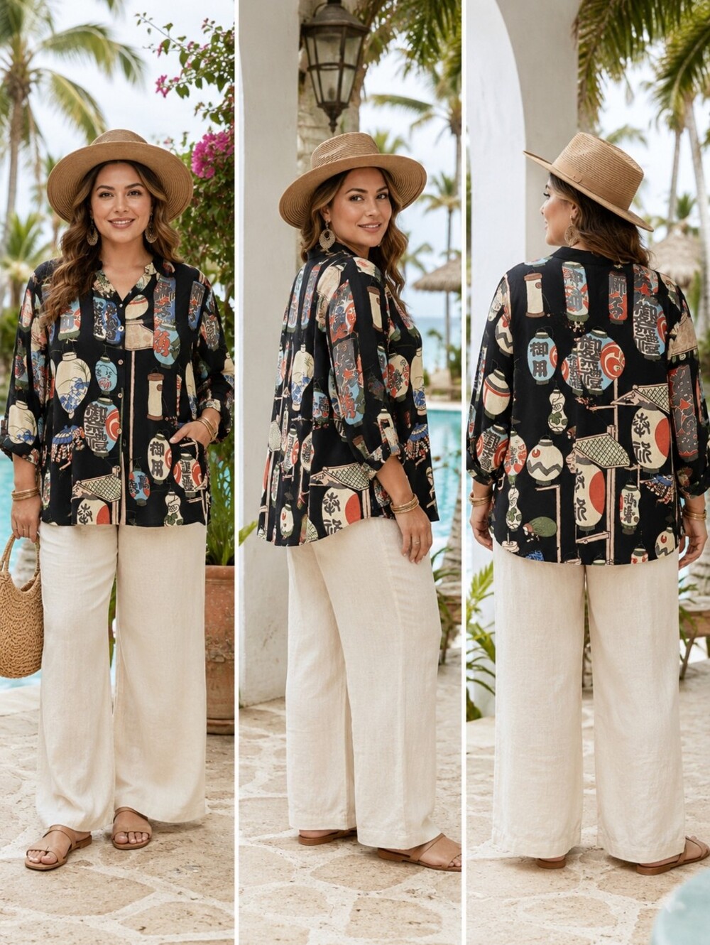 Citron Santa Monica 100% Silk Asian Lantern Print Blouse Jacket 1X Fit